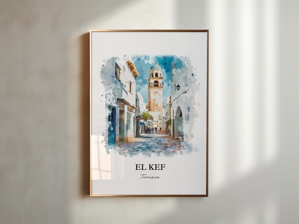 El Kef Tunisia Old Medina Tower Street Watercolor Travel Poster - Image 5
