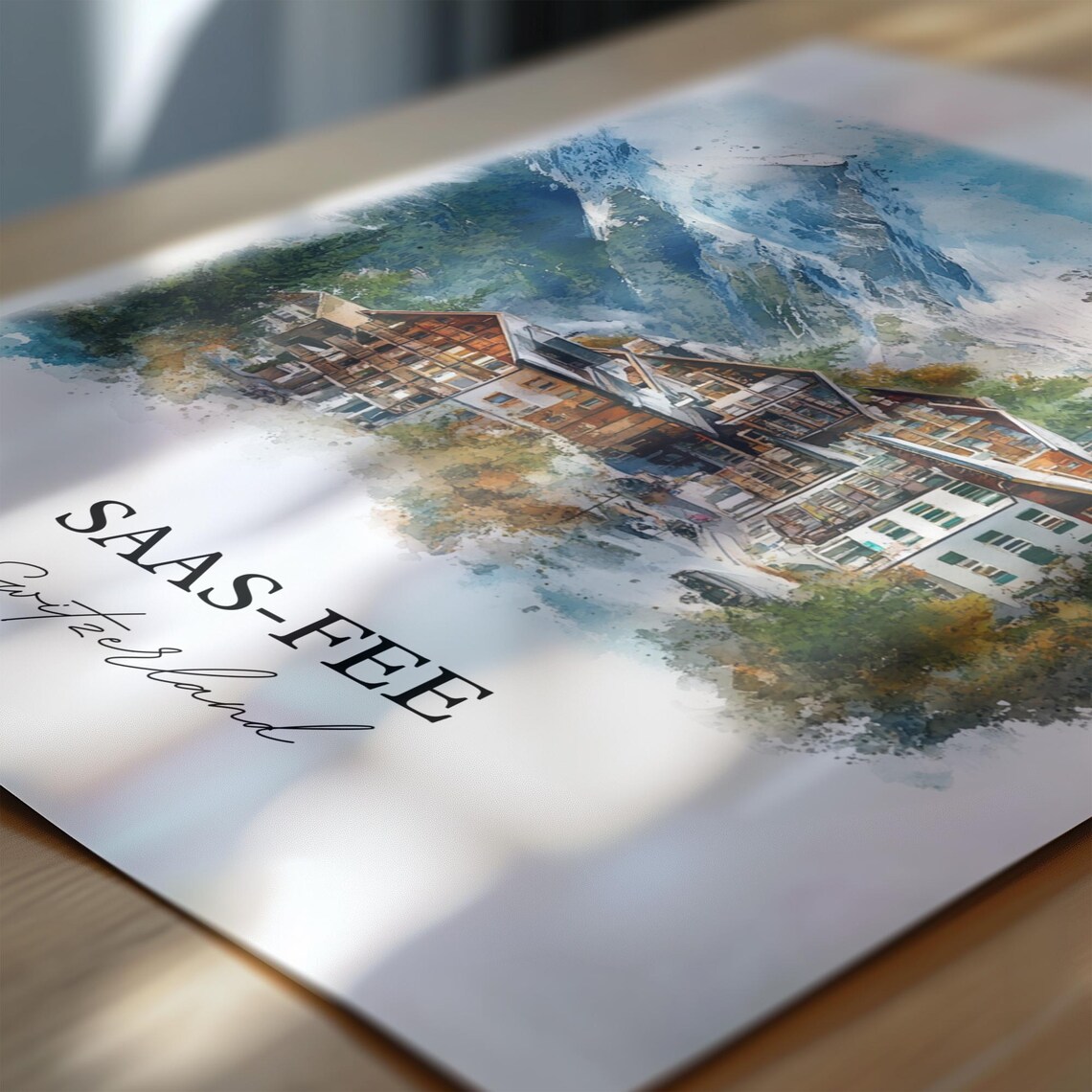 Saas-Fee Switzerland Alpine Village Watercolor Mountain Travel Poster - Image 6