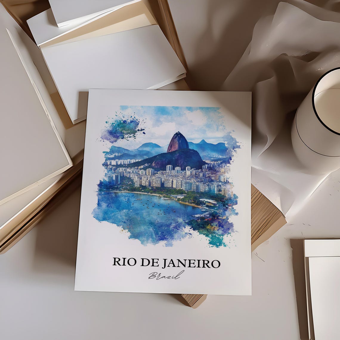 Rio de Janeiro Brazil Sugarloaf Bay Watercolor Beach Scene Poster - Image 3