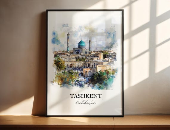 Tashkent Skyline Watercolor Travel Poster, Uzbekistan