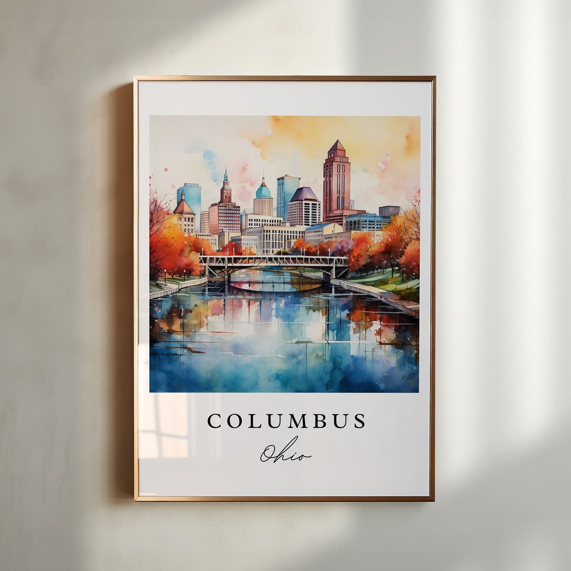 Columbus Ohio Watercolor Skyline Bridge River Autumn Sunset Poster