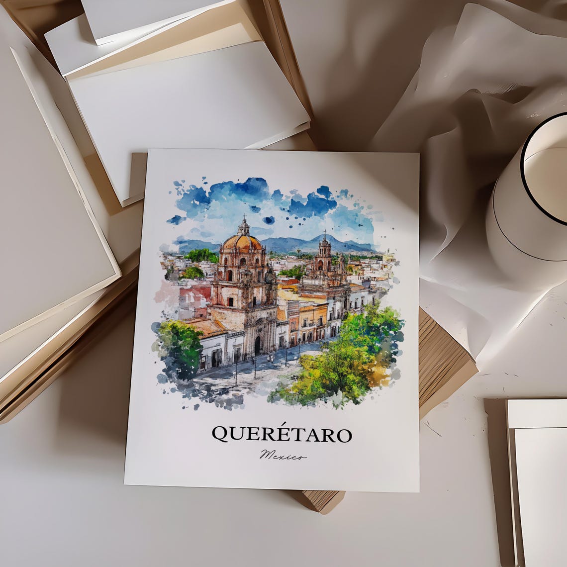 Querétaro Mexico Colonial Cathedral City Watercolor Art Poster - Image 3