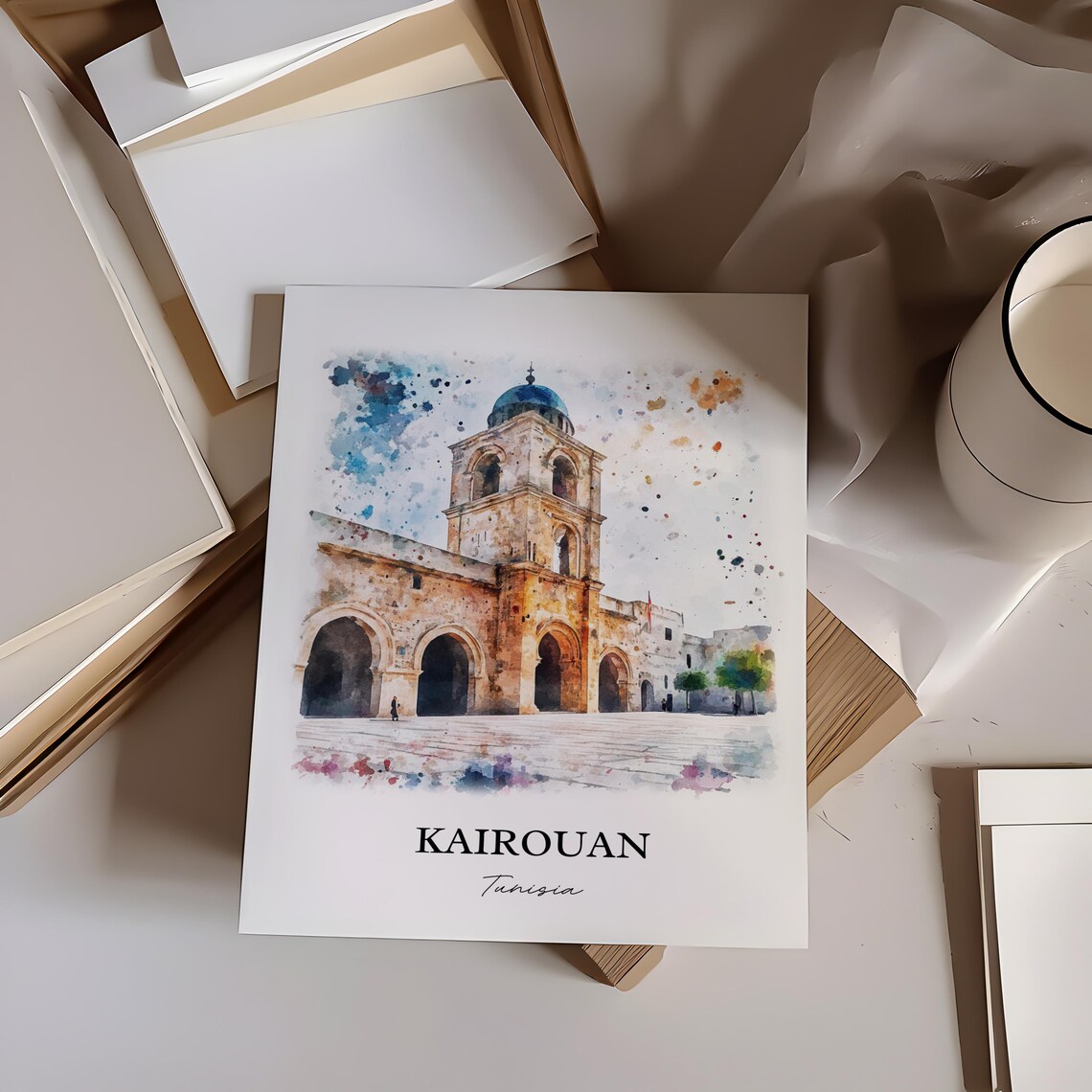 Kairouan Tunisia Historic Grand Mosque Watercolor Travel Poster - Image 3