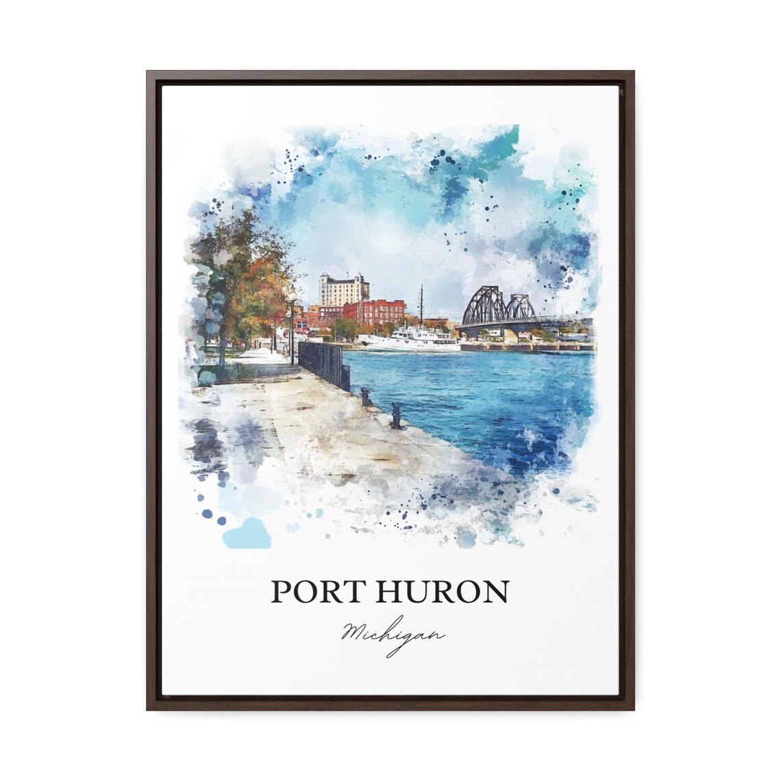 Port Huron Michigan Waterfront Boardwalk Bridge Watercolor Poster - Image 2