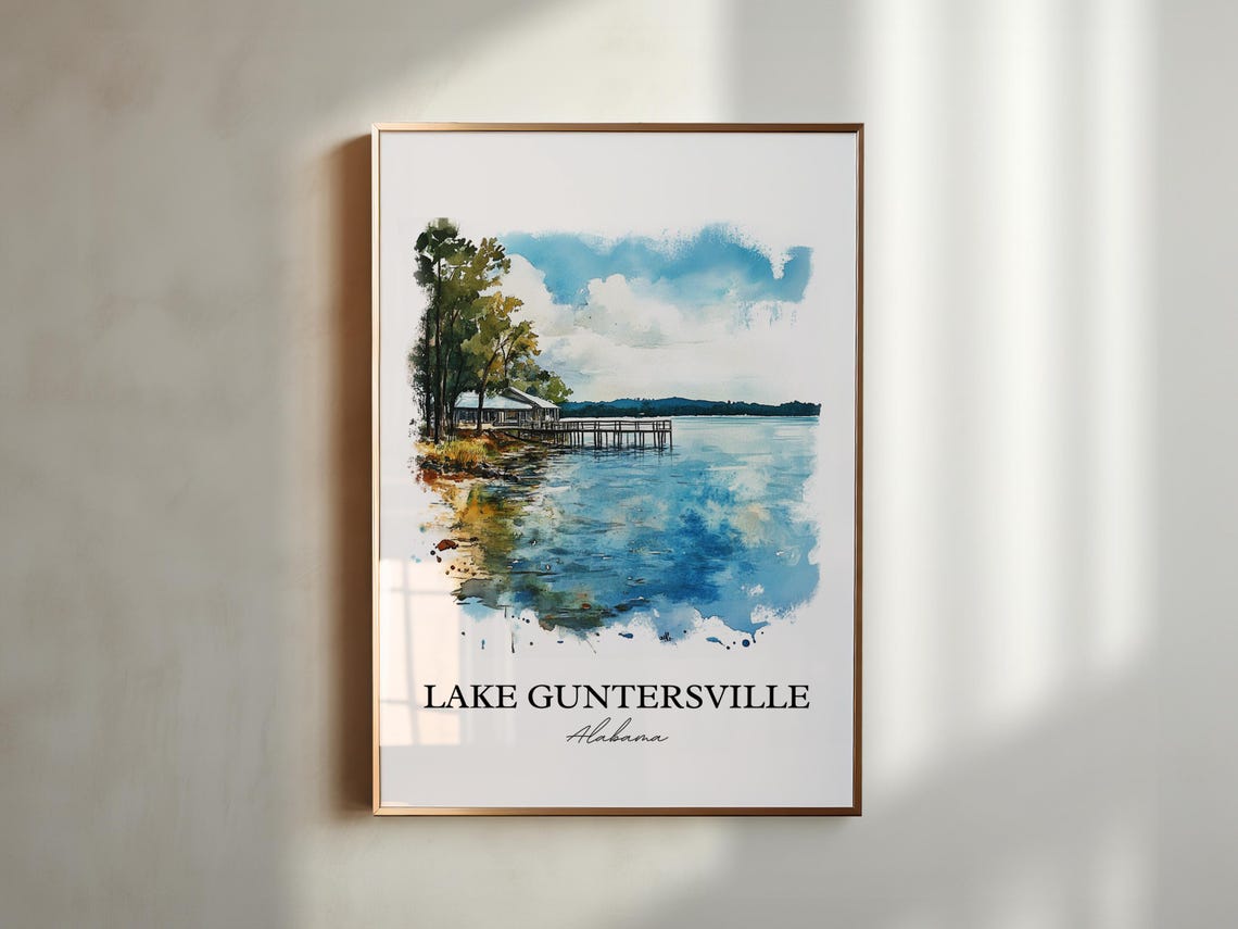 Lake Guntersville Alabama Pine Boathouse Dock Watercolor Poster - Image 5