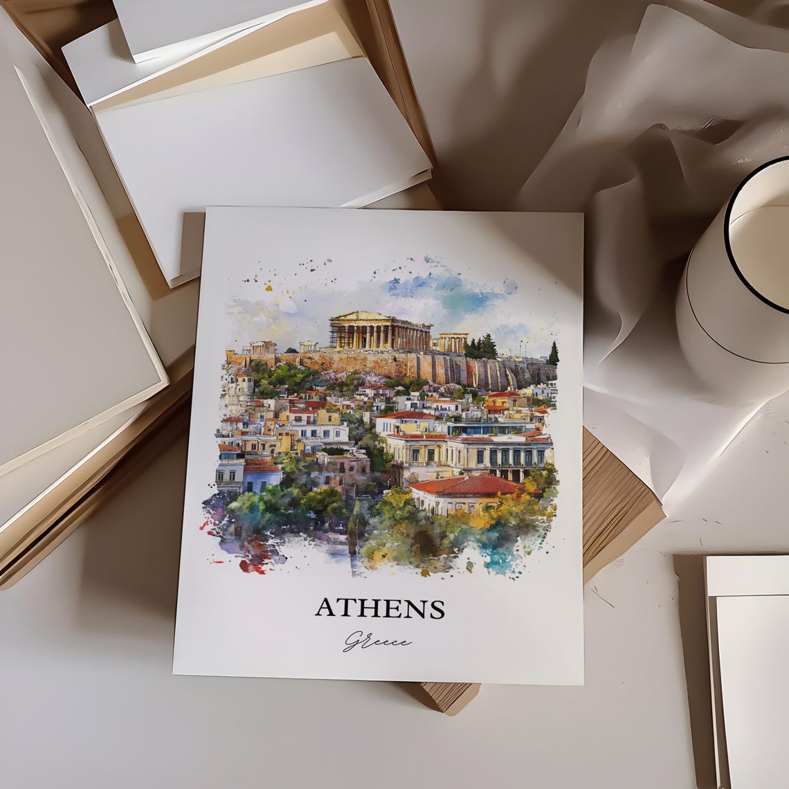 Athens Greece Watercolor Travel Poster, Art Print - Image 3