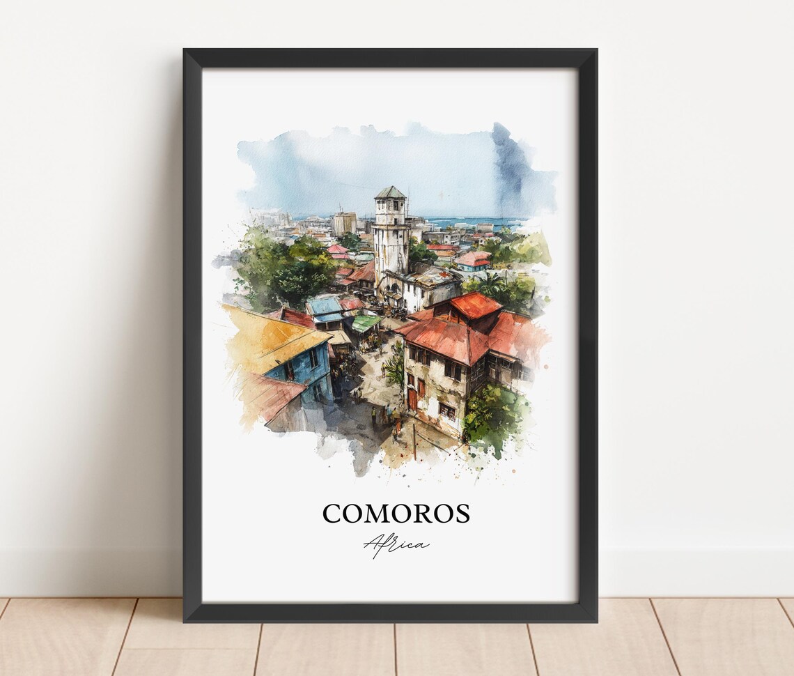 Comoros Africa Old Island Town Red Roofs Watercolor Travel Poster - Image 2