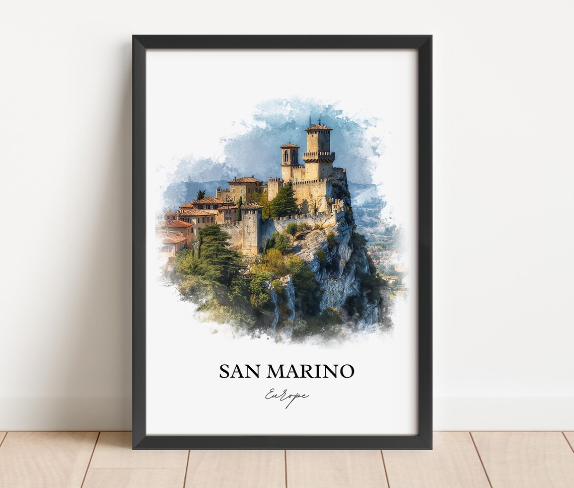 San Marino Europe Cliff Fortress Tower Watercolor Travel Poster - Image 2