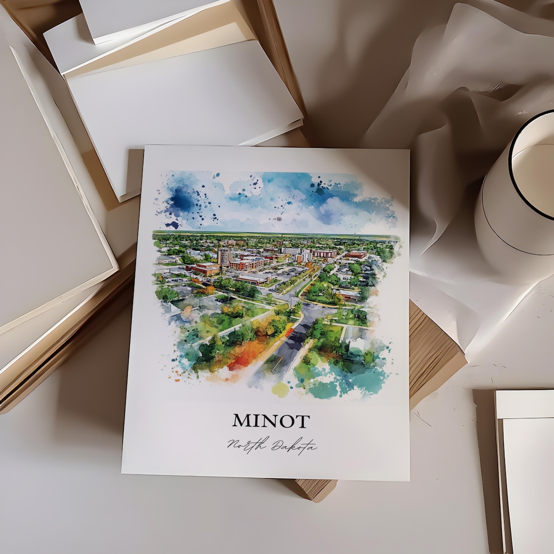 Minot North Dakota Watercolor Downtown Aerial City View Poster - Image 2