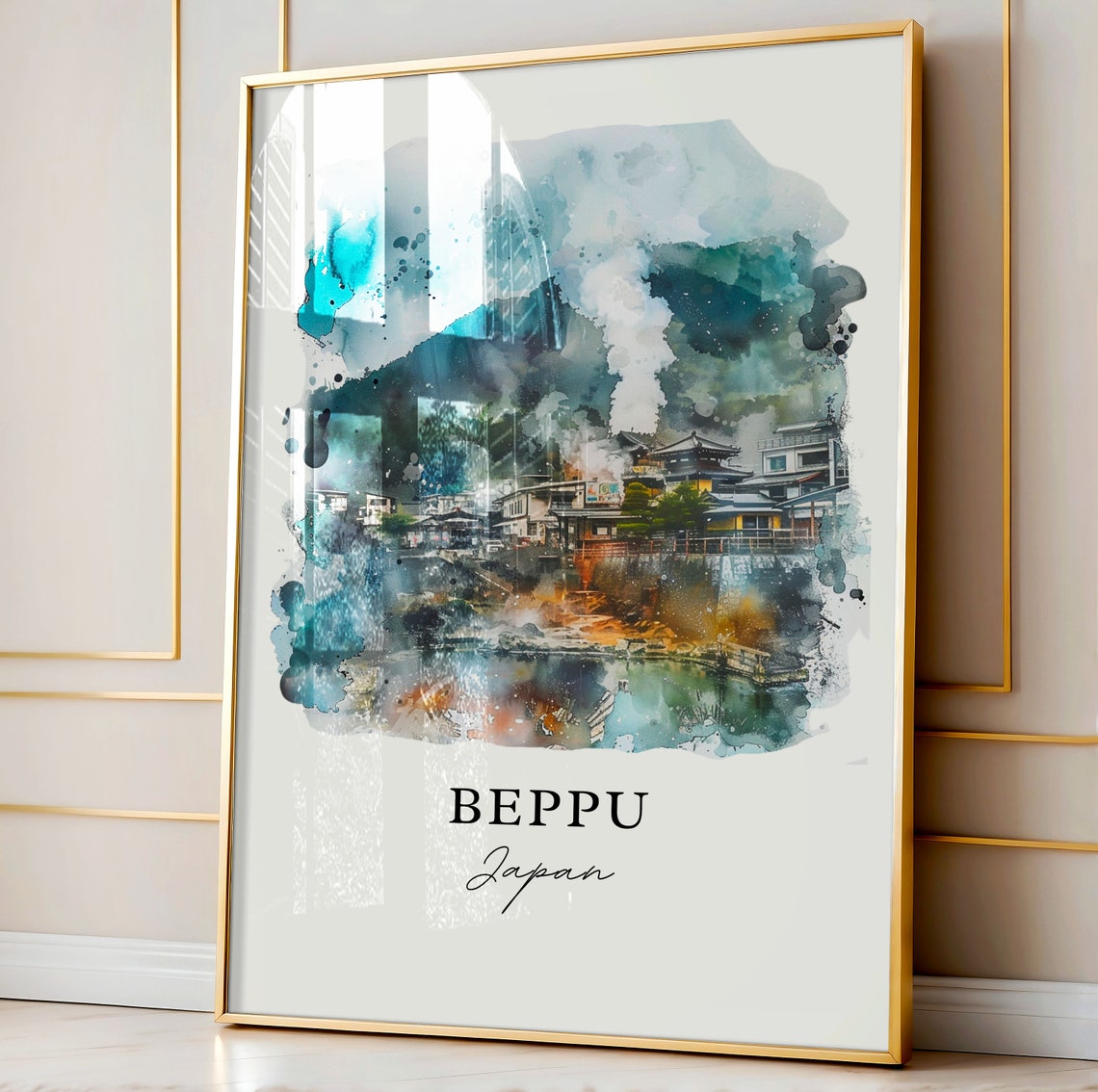 Beppu Japan Watercolor Hot Spring Mountain Town Scene Poster - Image 3