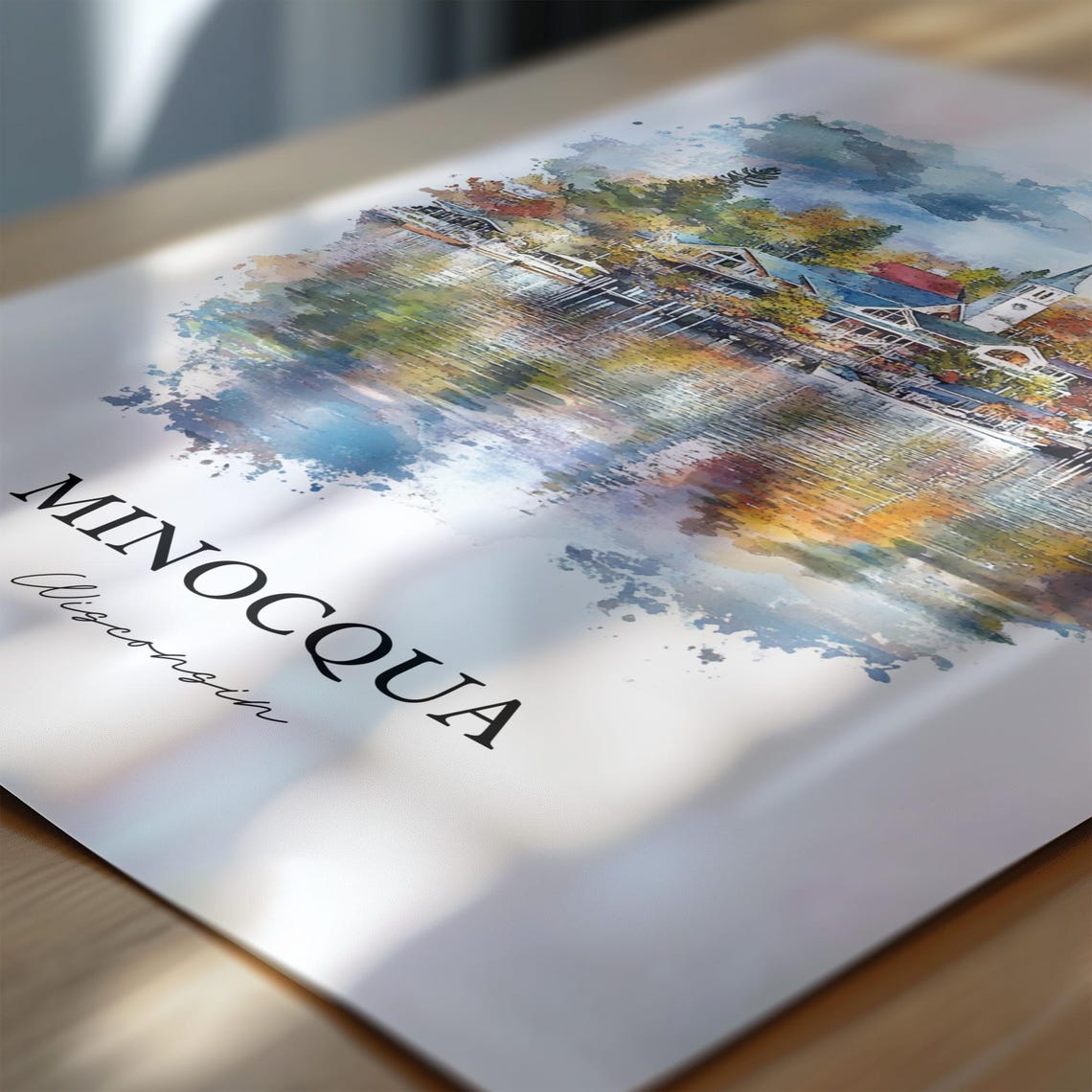 Minocqua Wisconsin Watercolor Lakeside Village Church Steeple Poster - Image 6