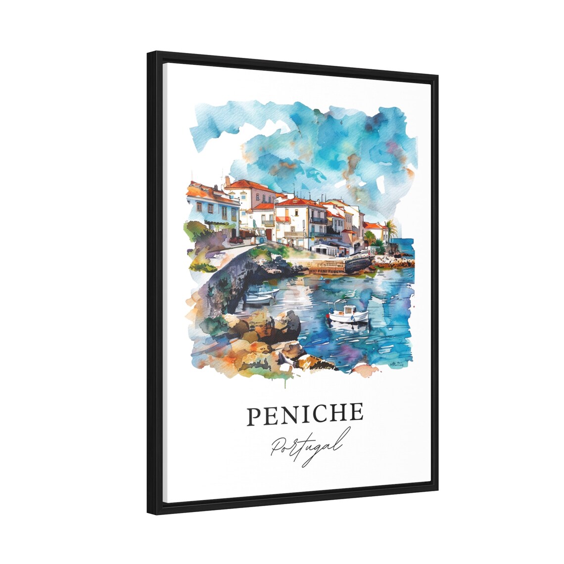 Peniche Portugal Fishing Harbor Town Watercolor Travel Poster - Image 2
