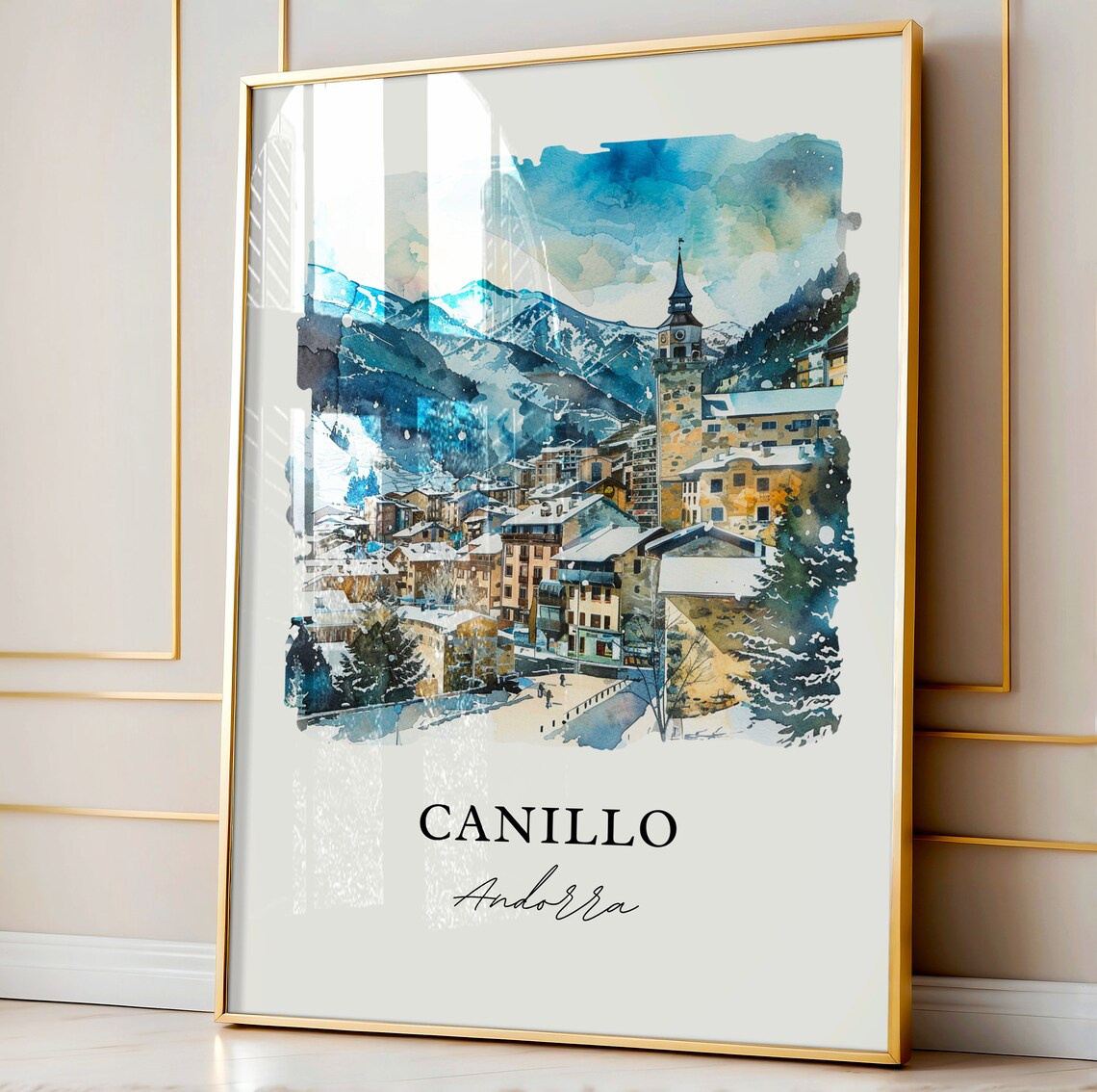 Canillo Andorra Snowy Mountain Village Watercolor Travel Poster - Image 4