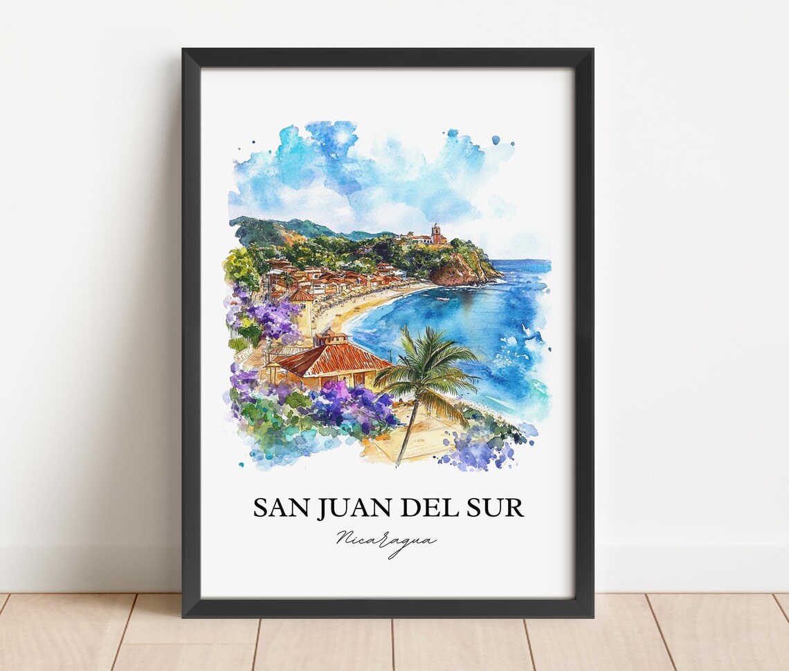 San Juan del Sur Nicaragua Watercolor Beach Bay Palm Travel Poster - Image 2