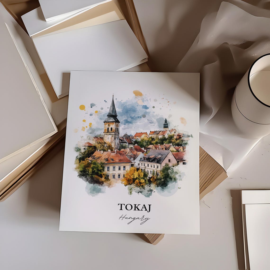 Tokaj Hungary Watercolor Church Tower Hillside Town View Poster - Image 2