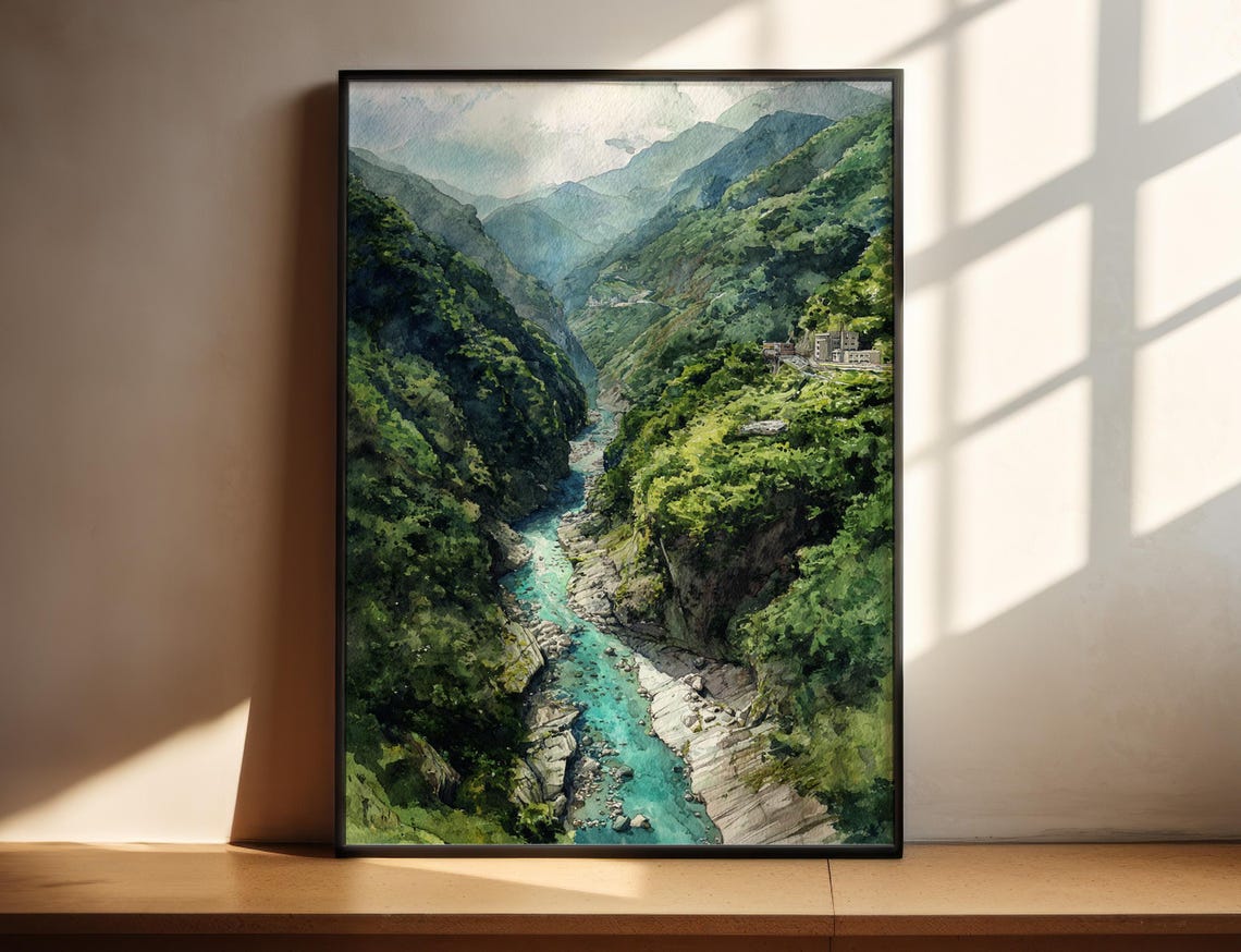 Taroko Gorge Taiwan Turquoise River Watercolor Valley Poster