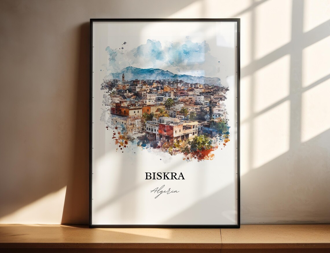 Biskra Algeria Desert Gateway City Mountain View Watercolor Poster