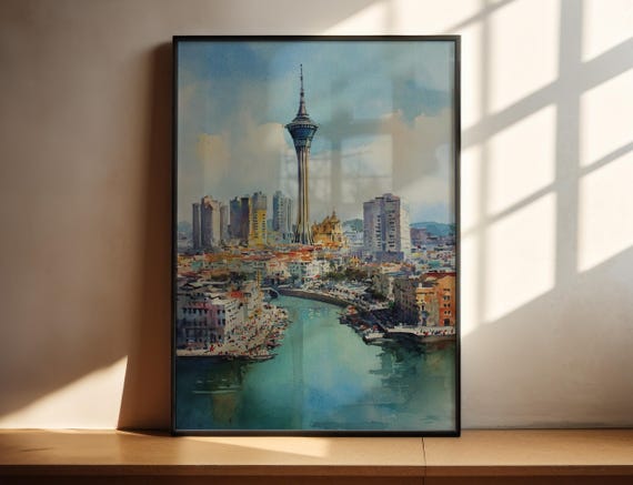 Macau Watercolor Art China Travel Print Artwork City Decor Skyline Wall