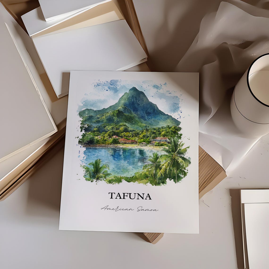 Tafuna American Samoa Tropical Coast Mountain Watercolor Art Poster - Image 5