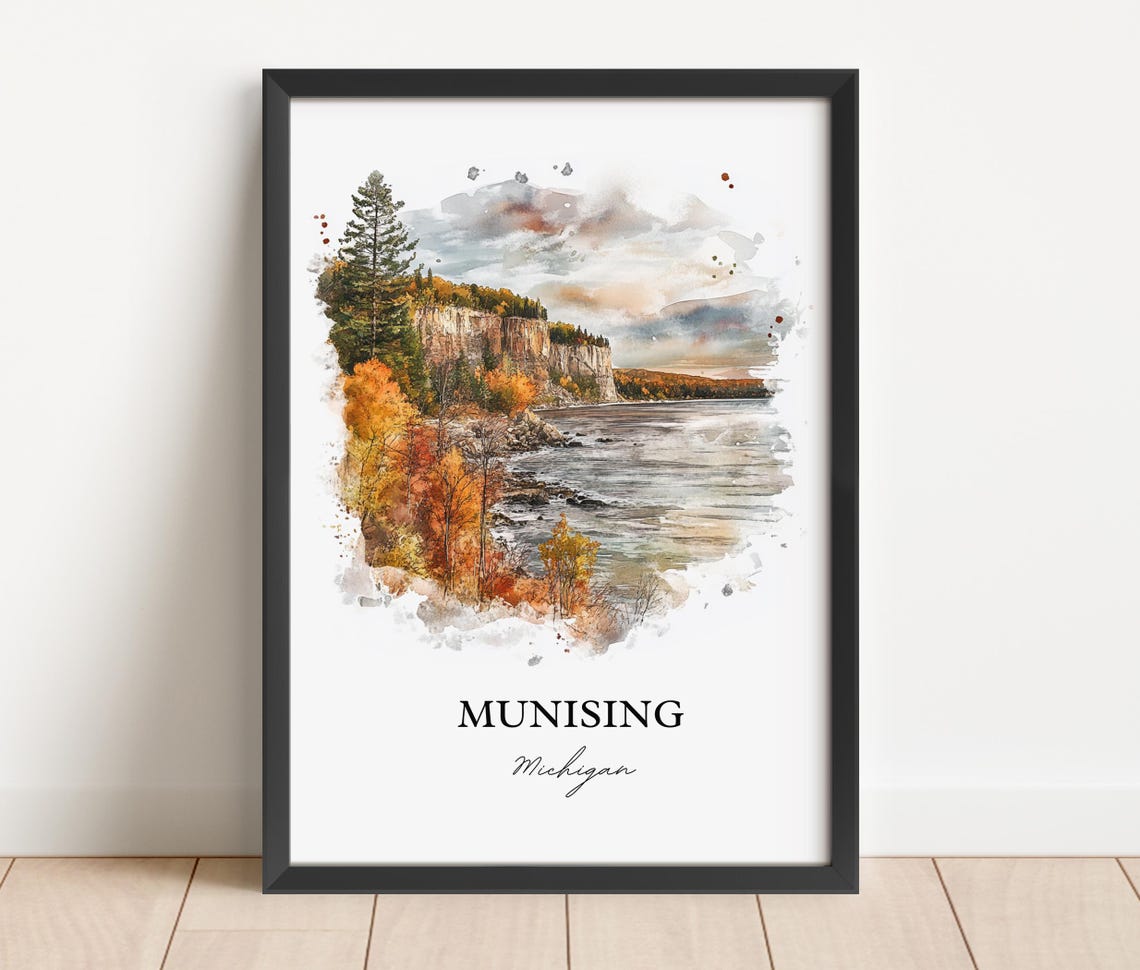 Munising Michigan Watercolor Fall Cliffs Lakeshore Art Poster - Image 3