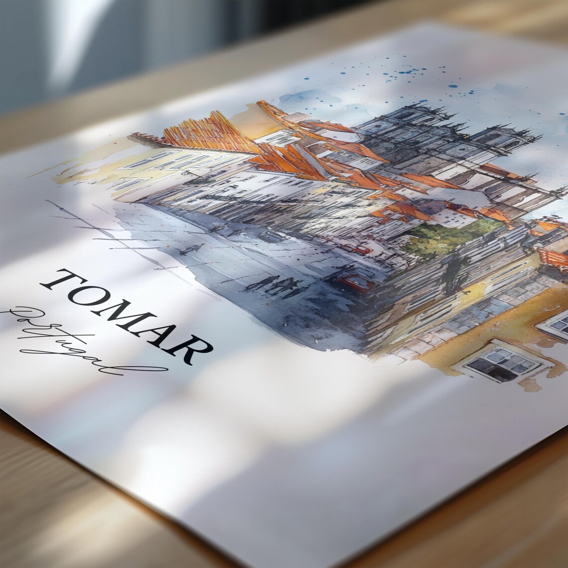Tomar Portugal Watercolor Old Town Street Gothic Church Poster - Image 6