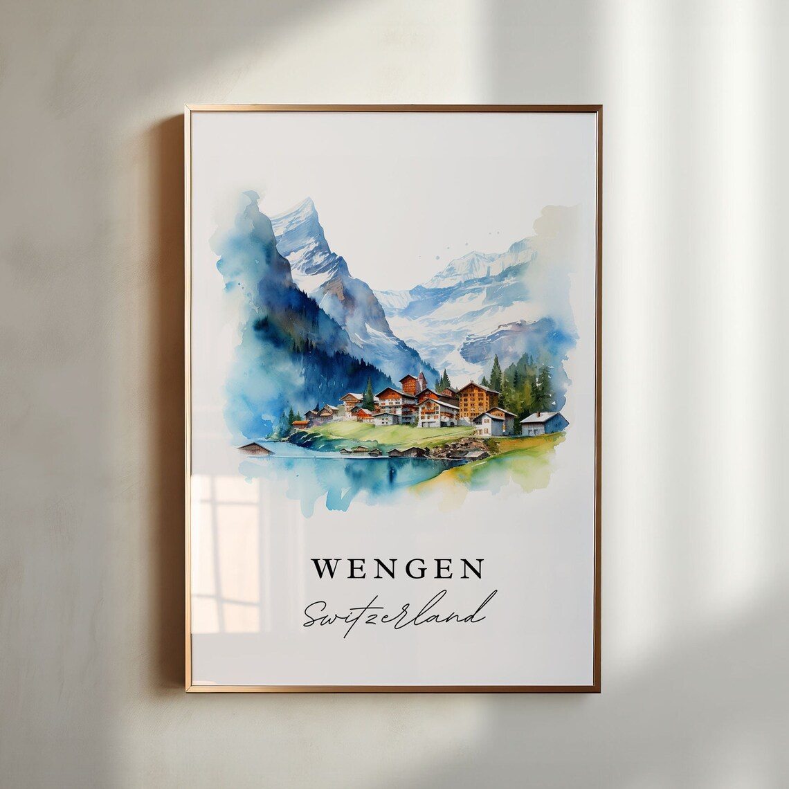 Wengen Switzerland Watercolor Alpine Village Lake Snowy Peaks Poster
