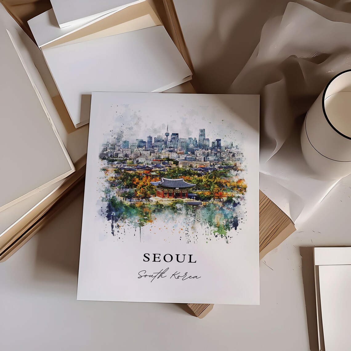 Seoul South Korea Watercolor Palace Skyline City Panorama Poster - Image 6