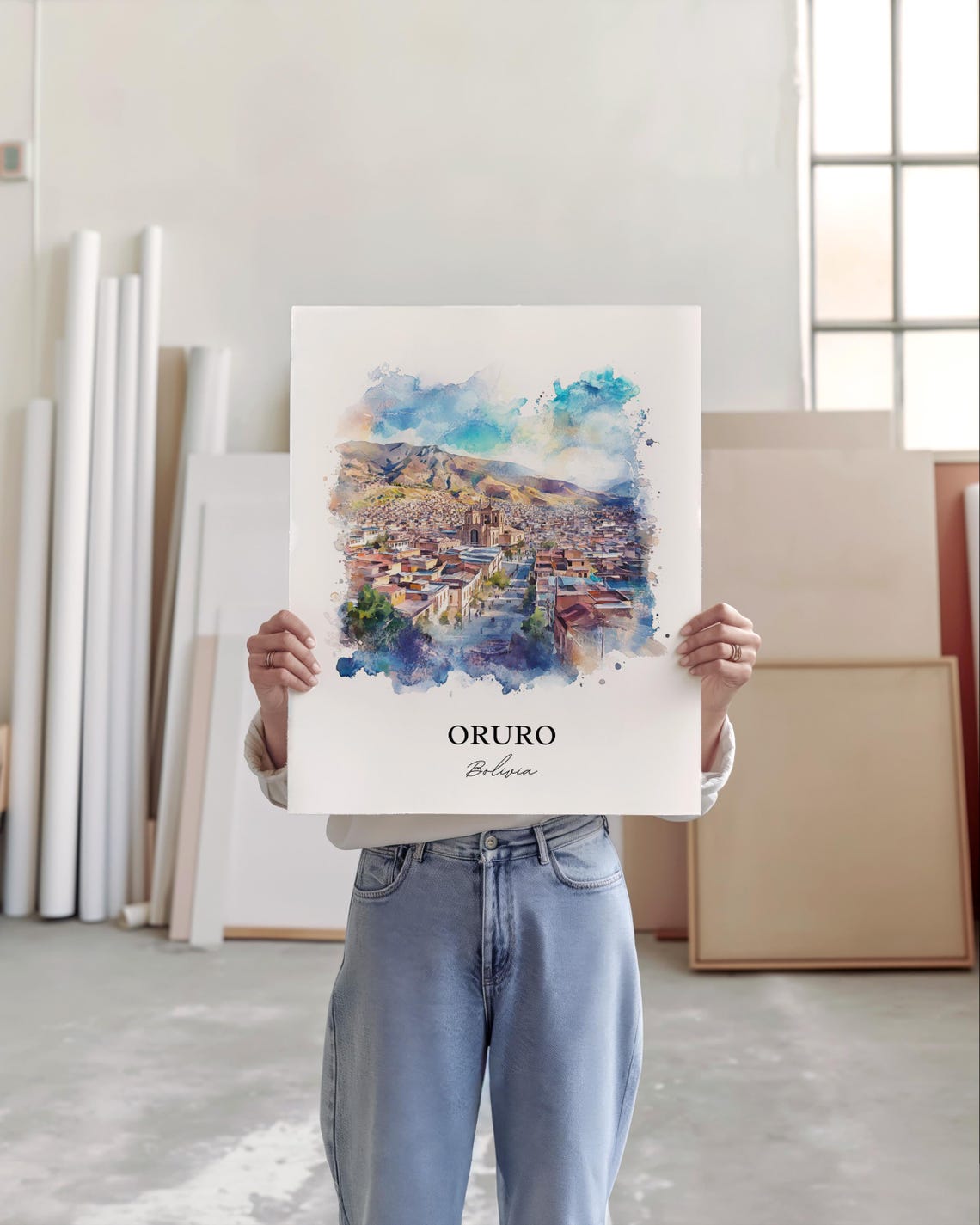 Oruro Bolivia Watercolor Mountain Cityscape Scenic Travel Poster - Image 5