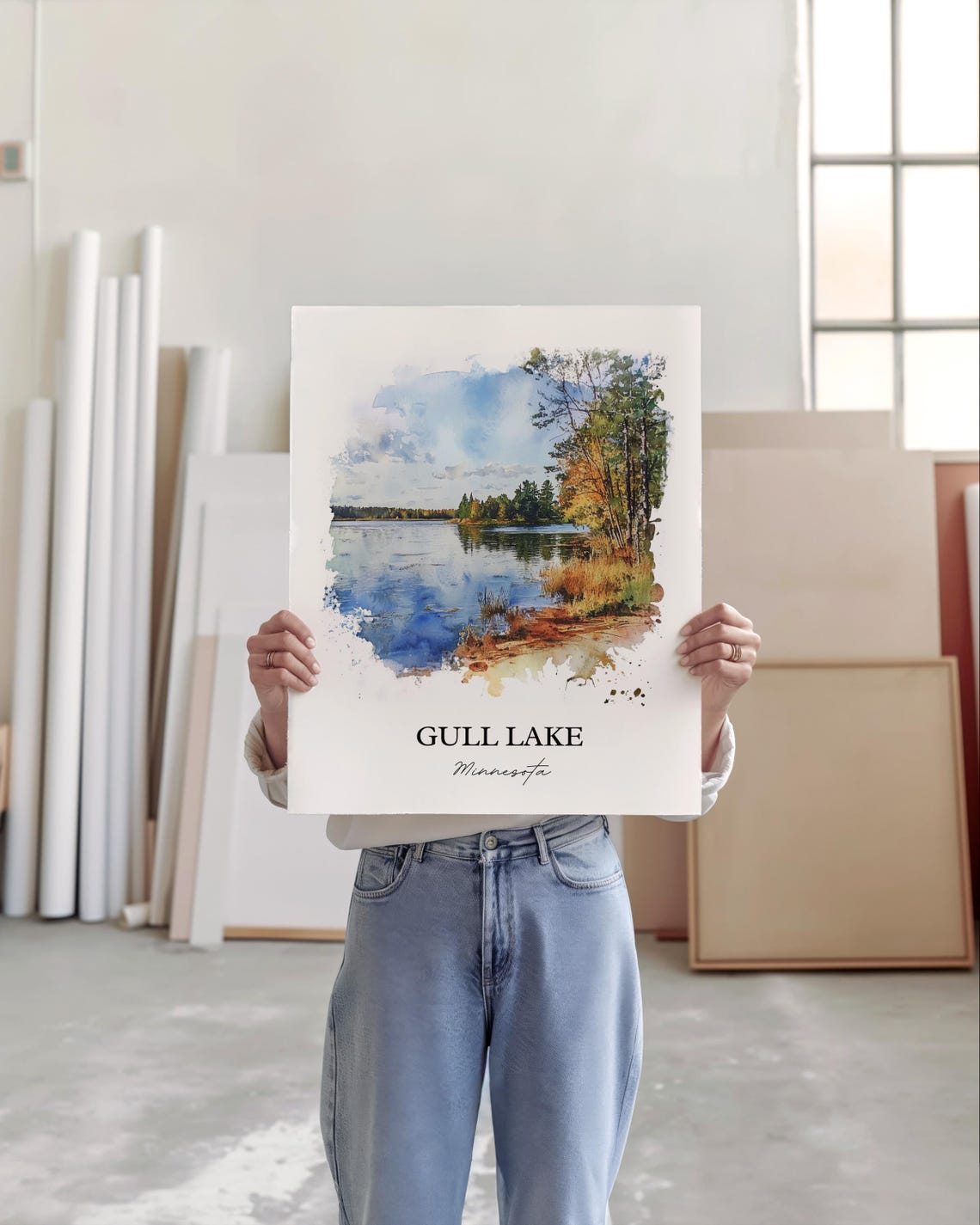 Gull Lake Minnesota Tranquil Lakeshore Birch Watercolor Poster - Image 4