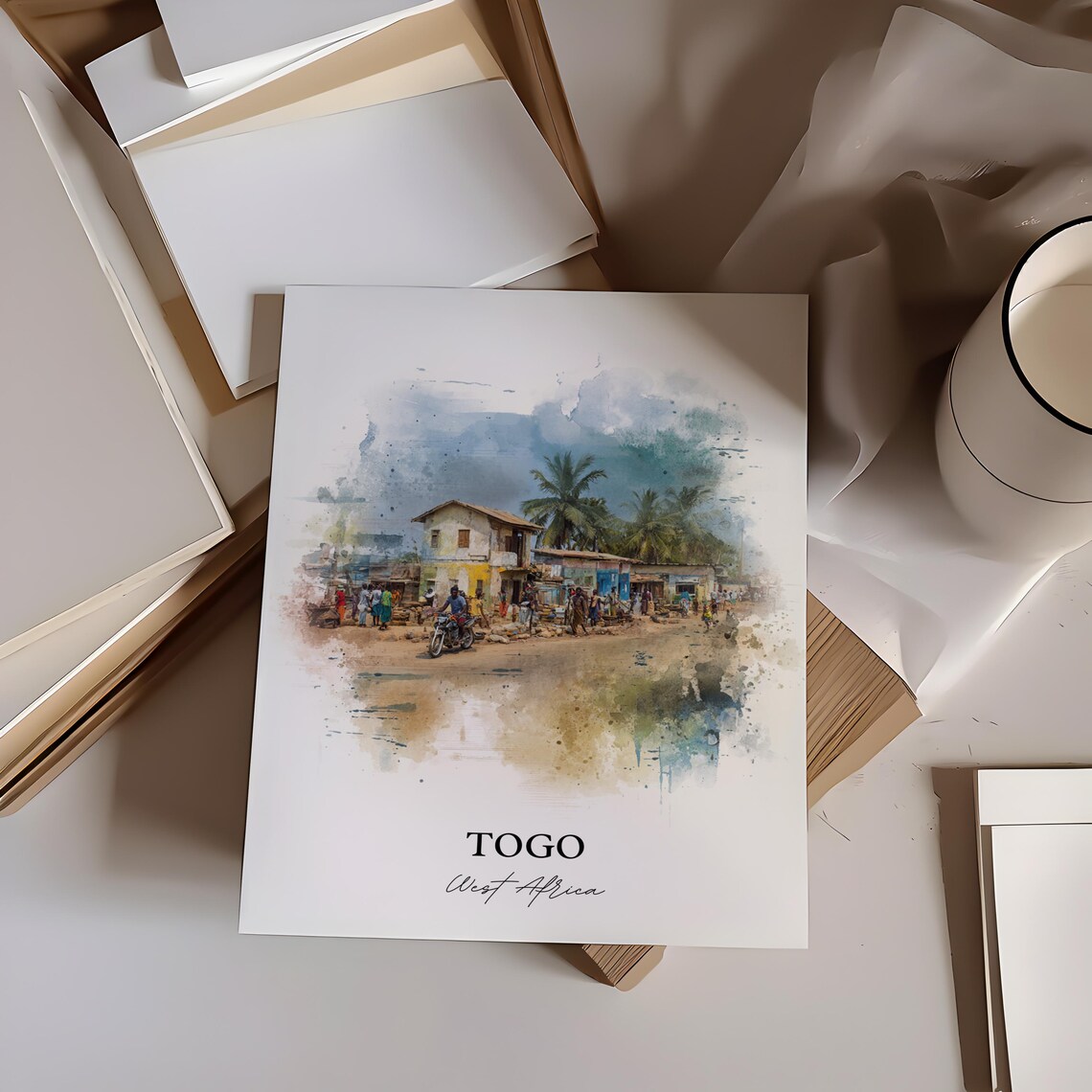 Togo West Africa Street Scene Watercolor Village Life Art Poster - Image 4
