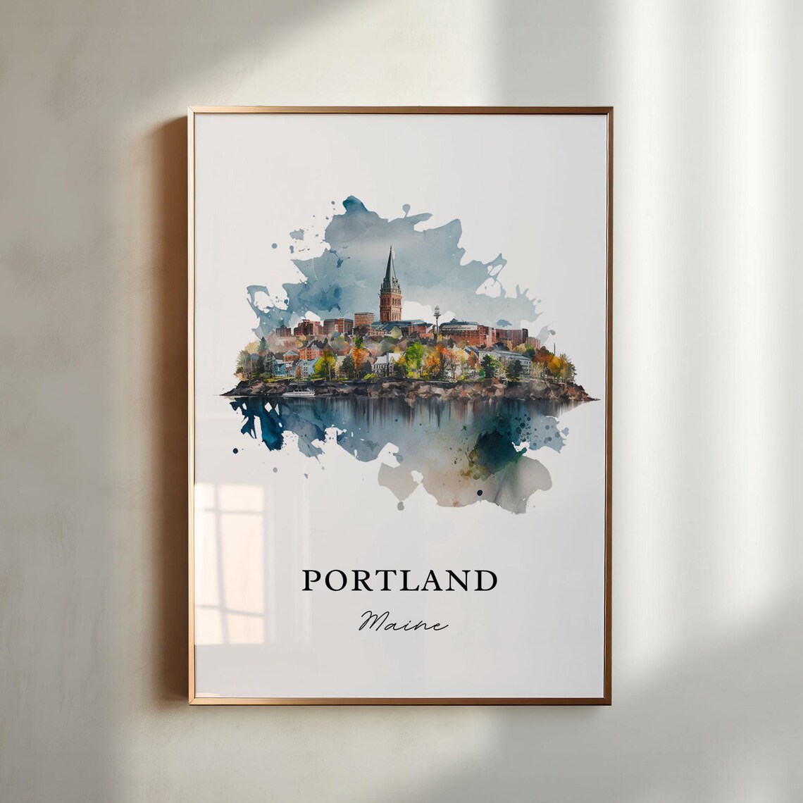 Portland Maine Watercolor Harbor City Skyline Scenic Art Print