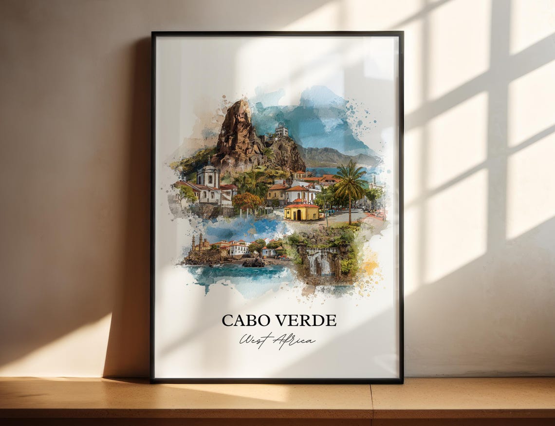 Cabo Verde West Africa Rocky Peak Coast Watercolor Travel Poster
