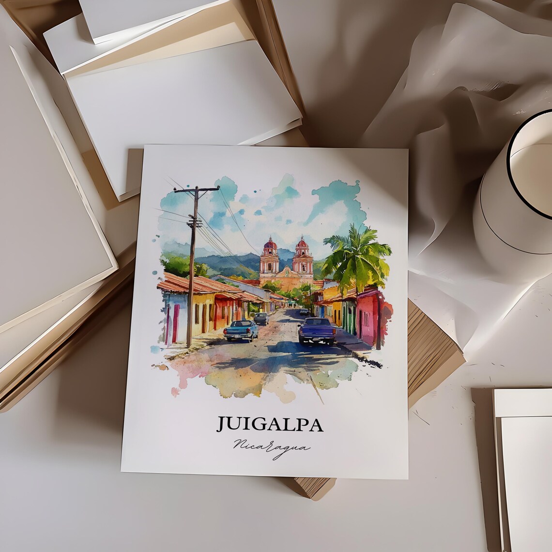 Juigalpa Nicaragua Colorful Street Twin Tower Church Watercolor Poster - Image 6