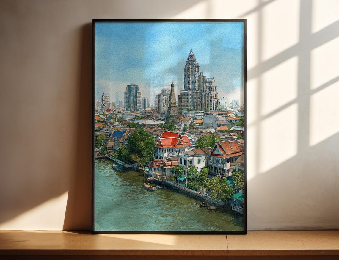 Bangkok Thailand Riverside Temple Watercolor Cityscape Poster