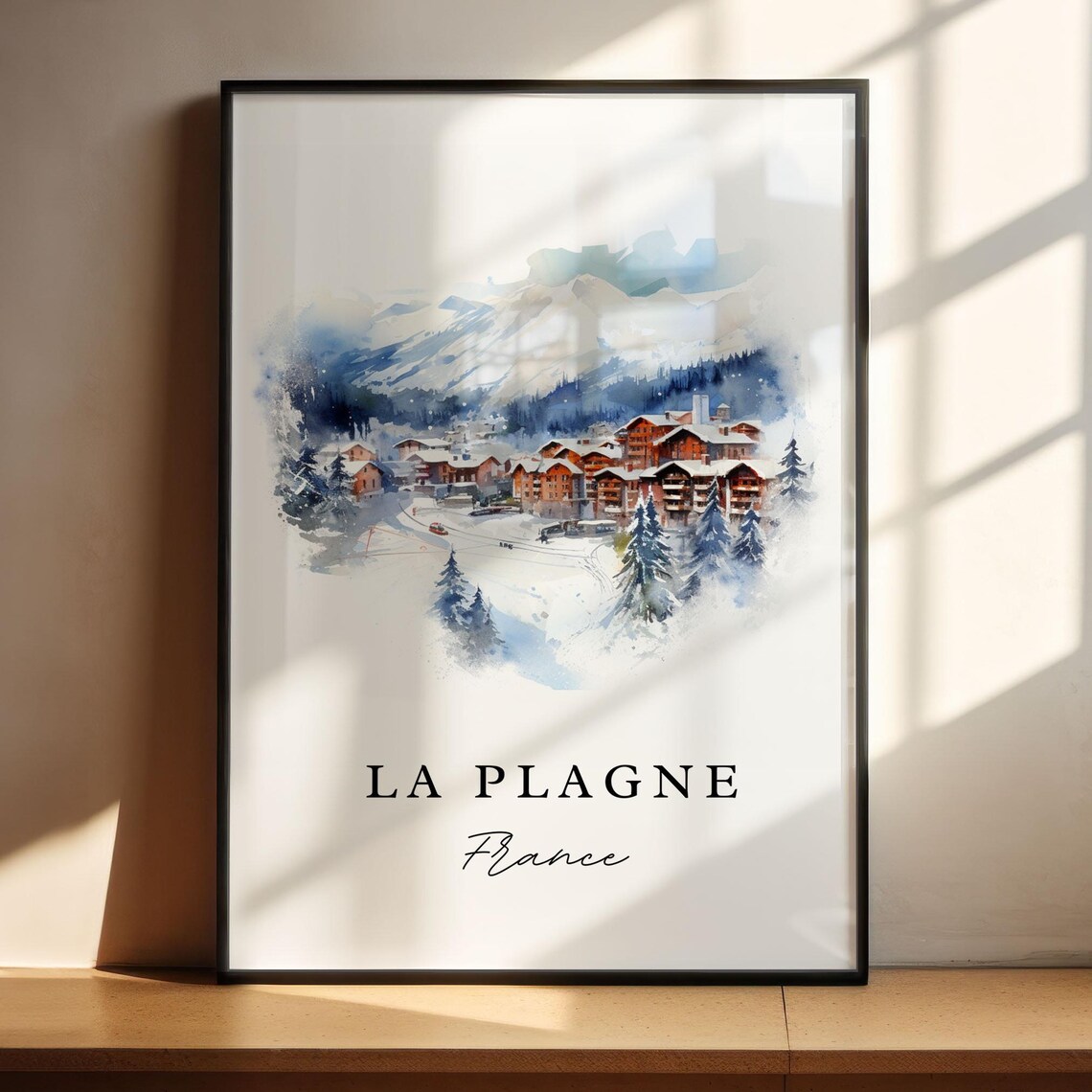La Plagne France Alpine Ski Resort Chalets Watercolor Travel Poster