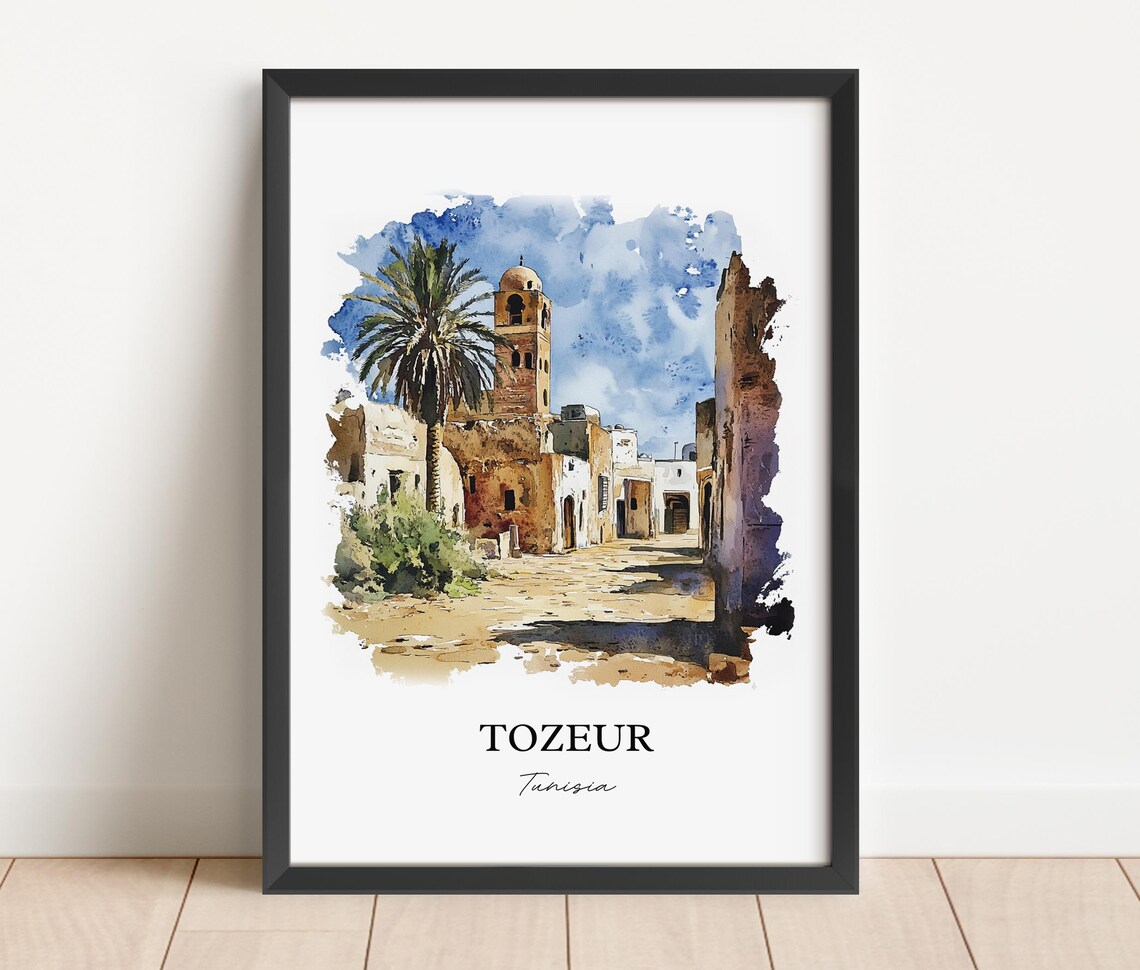 Tozeur Tunisia Old Desert Town Tower Palm Watercolor Travel Poster - Image 2