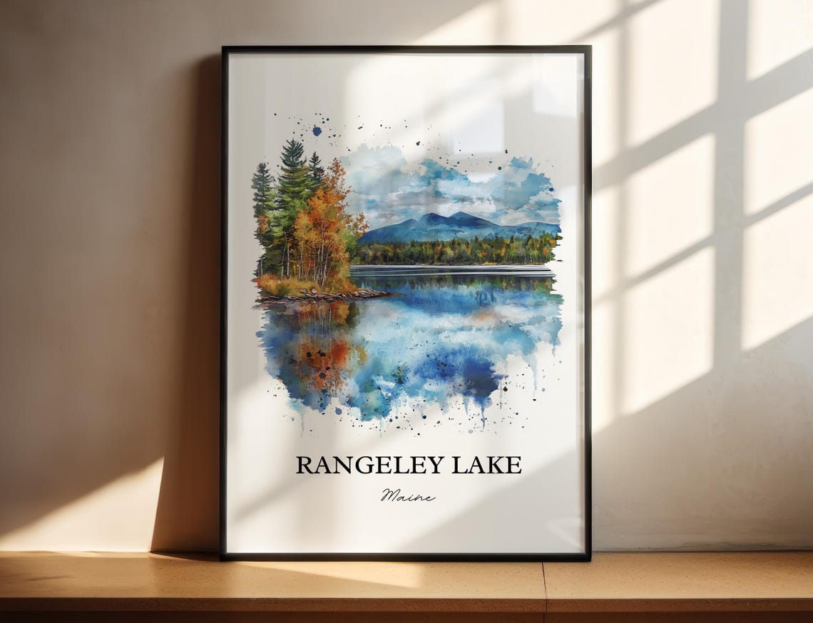 Rangeley Lake Maine Watercolor Fall Foliage Mountain Lake Poster