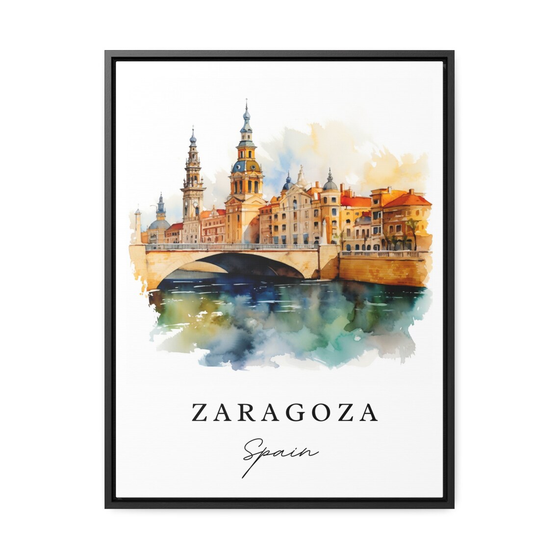 Zaragoza Spain Basilica Towers and River Bridge Watercolor Poster - Image 2