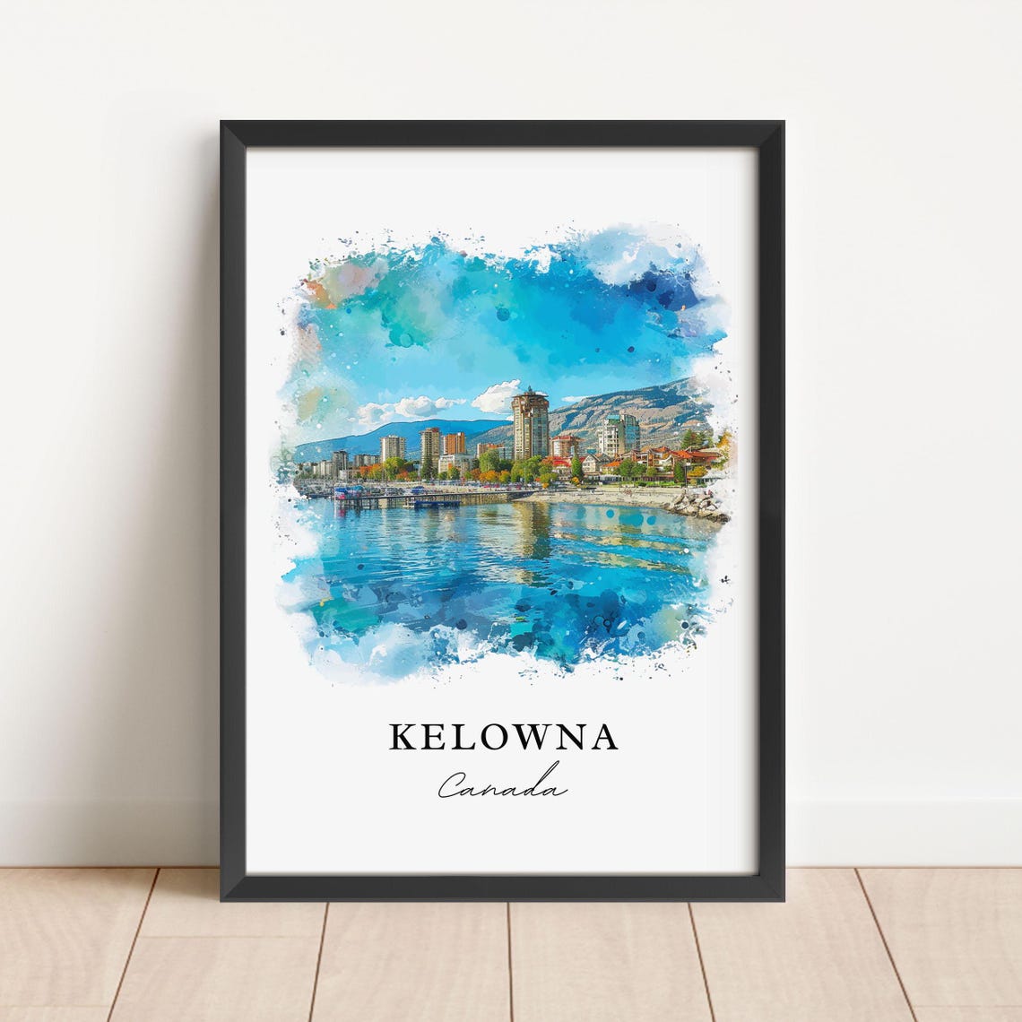 Kelowna Canada Watercolor Lakefront Skyline Mountains View Poster
