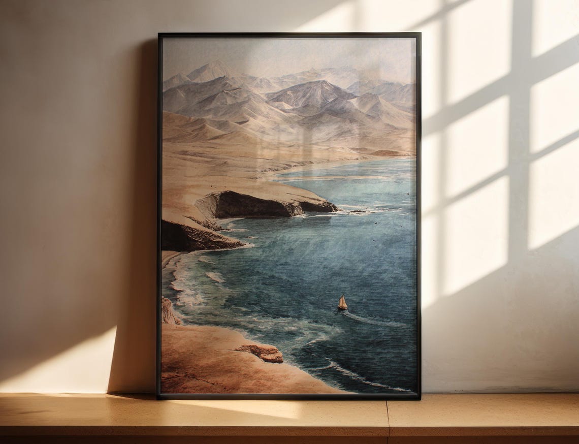 Paracas Peru Desert Coast Sailboat Ocean Watercolor Art Poster