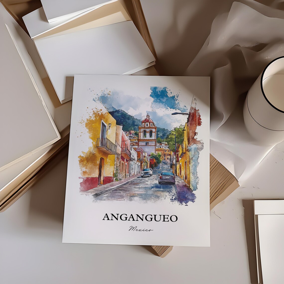 Angangueo Mexico Colorful Colonial Street Church Watercolor Poster - Image 2