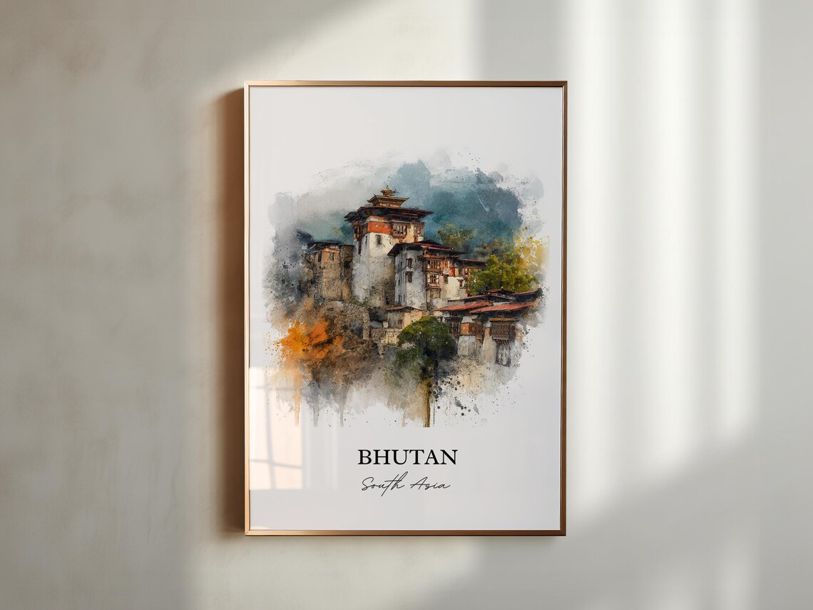 Bhutan South Asia Dzong Fortress Monastery Watercolor Travel Poster - Image 5