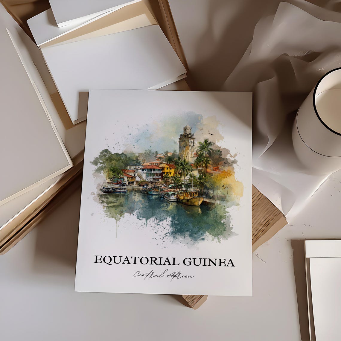 Equatorial Guinea Central Africa Harbor Watercolor Travel Poster - Image 2
