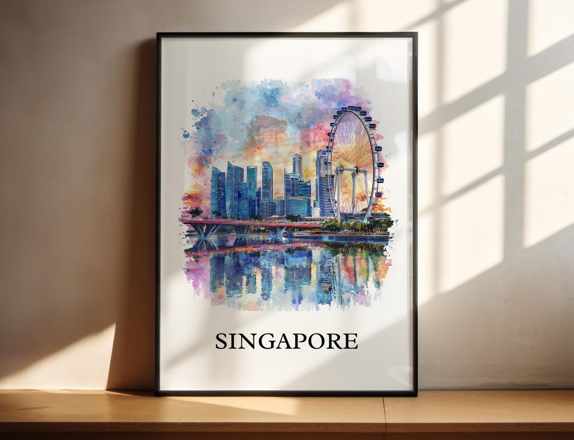 Singapore Watercolor Marina Bay Skyline Ferris Wheel View Poster
