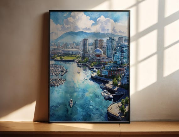 Vancouver Canada Watercolor Art Travel Print Artwork Decor Skyline Wall