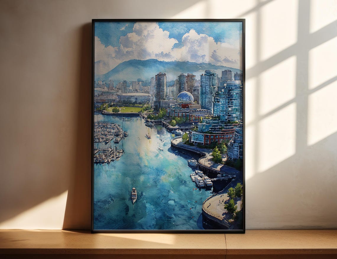 Vancouver Canada Watercolor Art Travel Print Artwork Decor Skyline Wall
