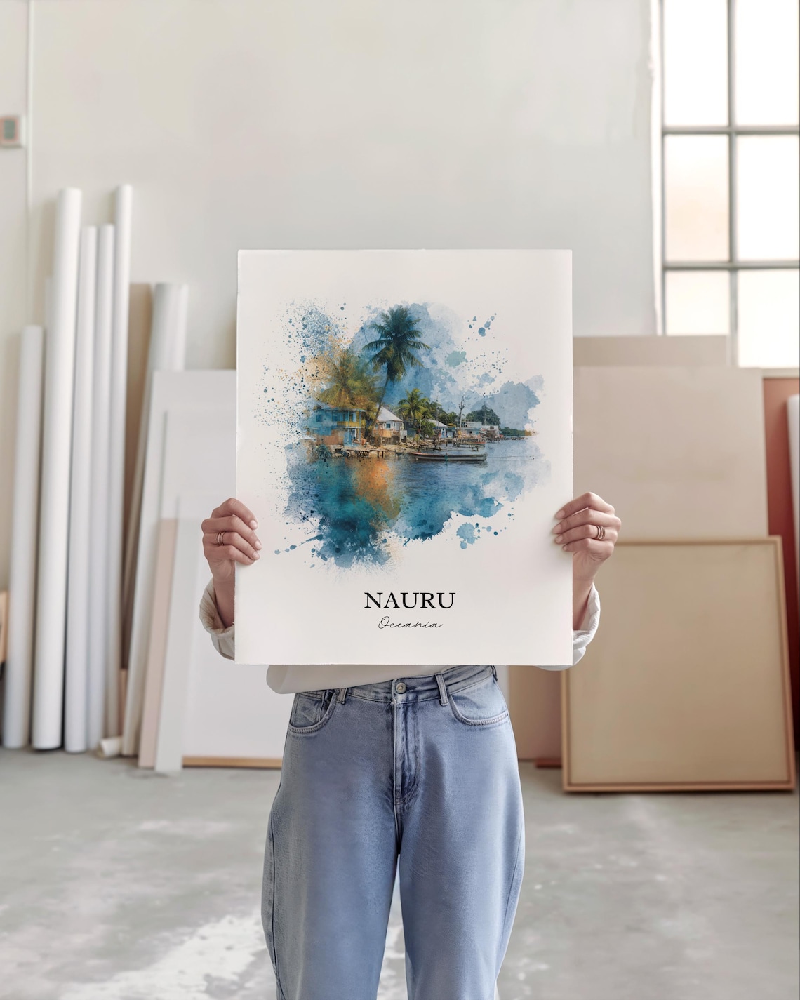 Nauru Oceania Palm Waterfront Boats Village Watercolor Travel Poster - Image 3