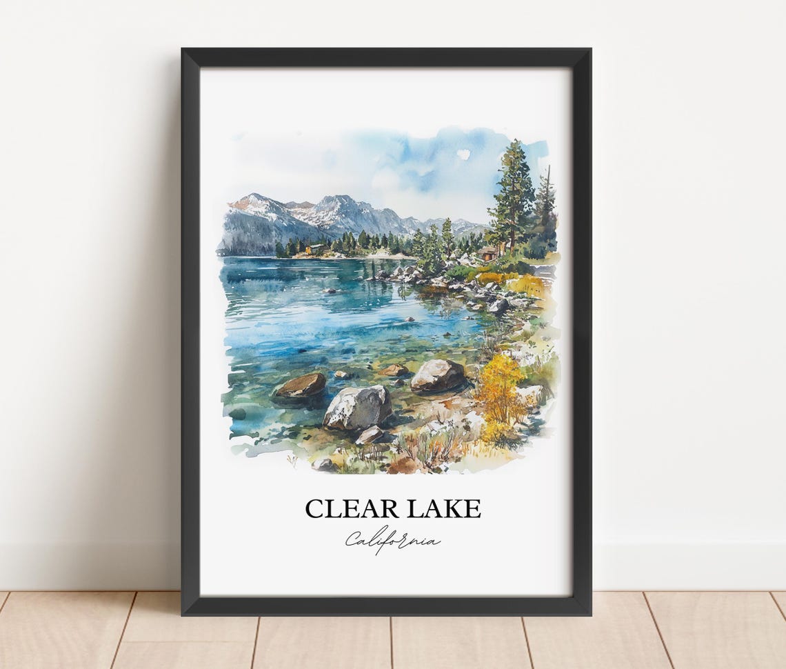 Clear Lake California Alpine Shoreline Pine Watercolor Lake Poster - Image 5