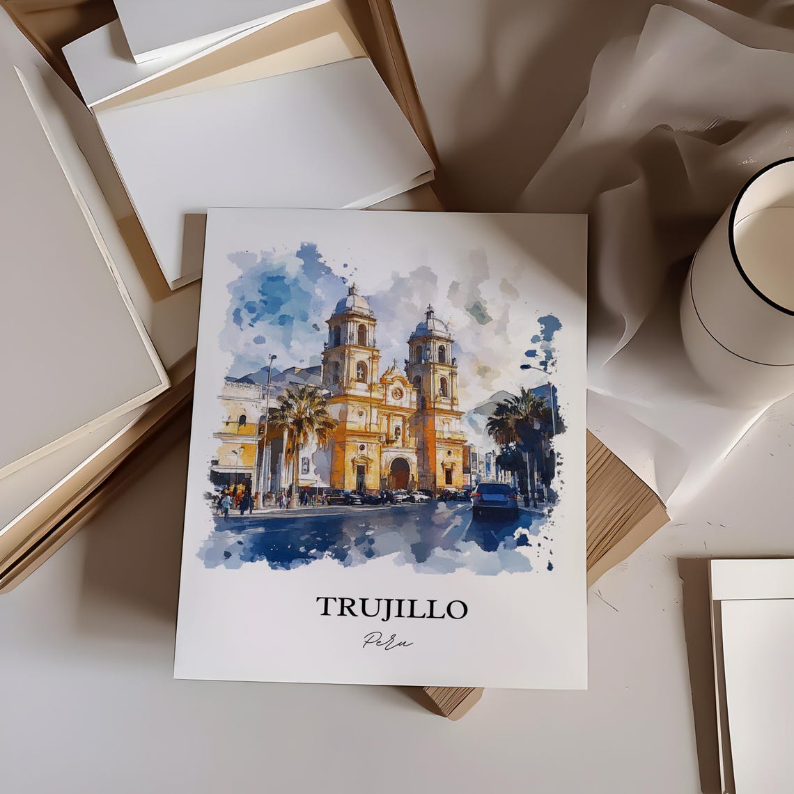 Trujillo Peru Watercolor Basilica Twin Towers Palm Trees Poster - Image 2