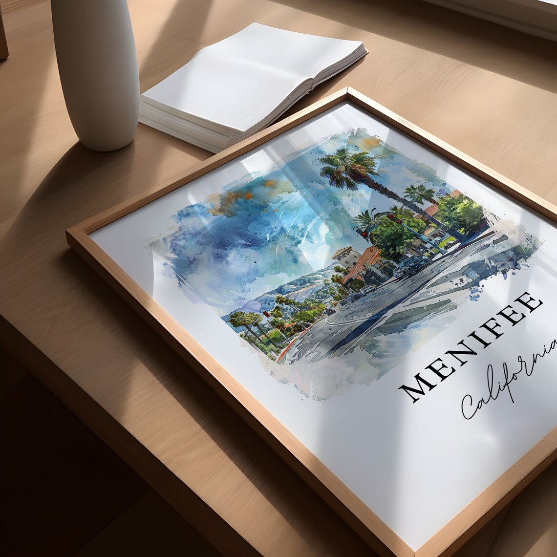 Menifee California Watercolor Palm Tree Street Bell Tower Poster - Image 4
